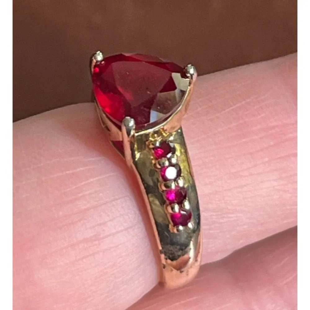 14K GOLD PLATED Sterling Silver Ring LAB CREATED RUBY Trillion w/Side Stones 8